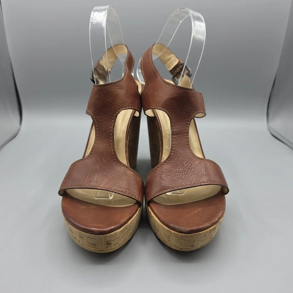 Stuart Weitzman Shoes Womens 9.5 Brown Leather Cork Wedge Ankle Strap Platform - Picture 3 of 13